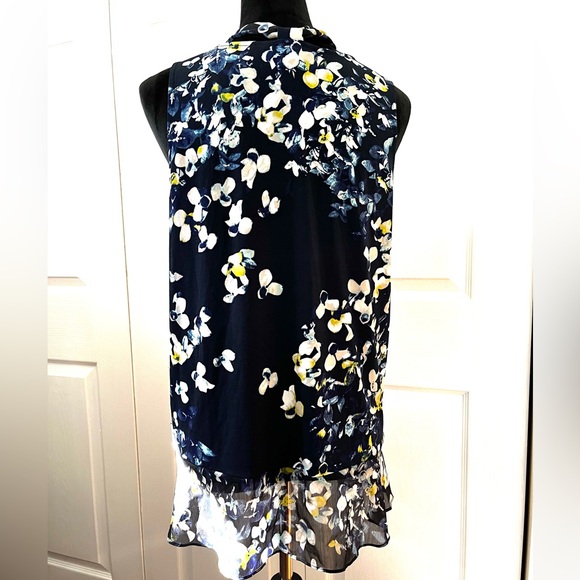 Ellen Tracy Blue Trellis Blossom Ink Tie Neck Top Sleeveless sz Large - Picture 5 of 14
